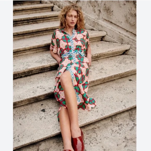 Sézane Dora Shirt Midi Dress in Colorful Tiles Print